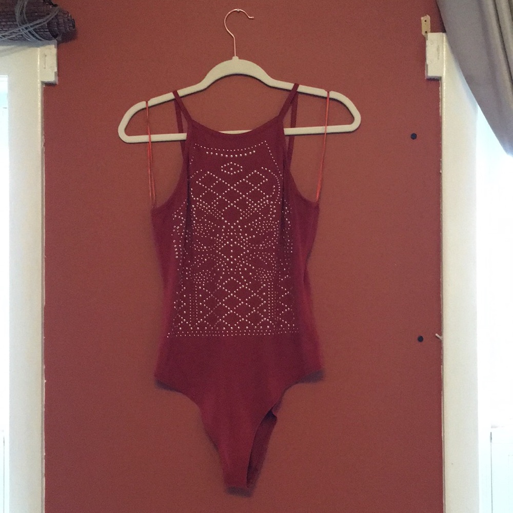 Suede Sleeveless Open Back Bodysuit Gold Detailing